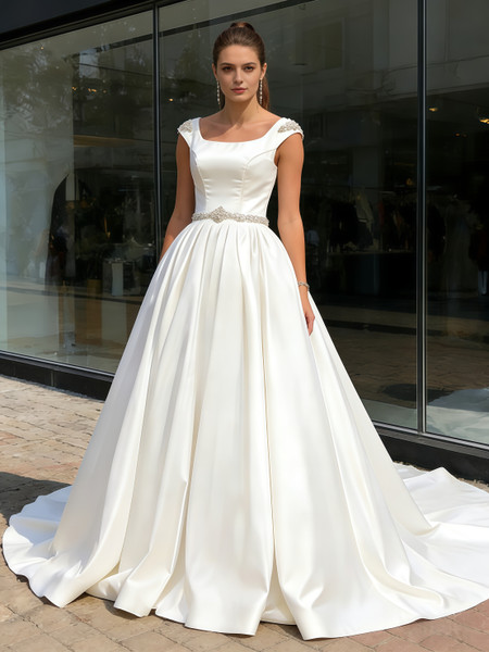 Shop 2026 ANNAKOO Square Beading A Line Belt Short Sleeve Satin Wedding Dress Under 289