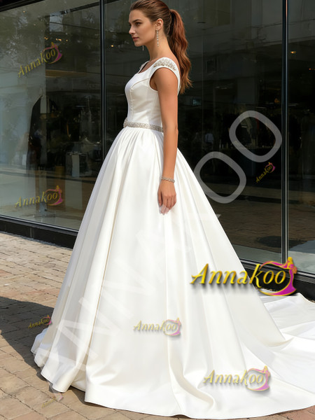 Shop 2026 ANNAKOO Square Beading A Line Belt Short Sleeve Satin Wedding Dress Under 289