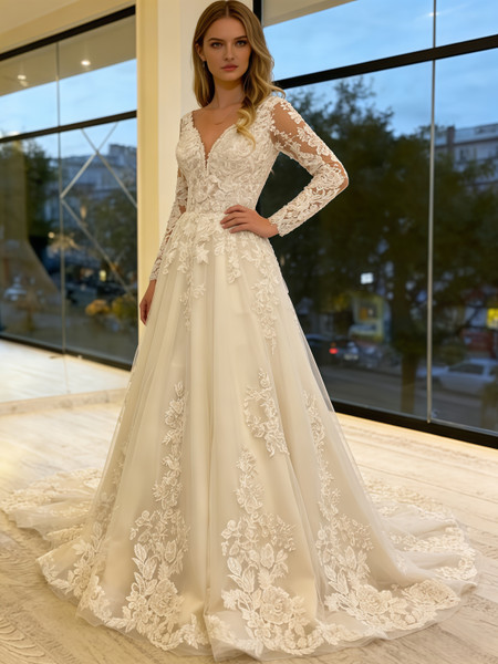 Shop 2026 ANNAKOO Long Sleeve V Neck A Line Tulle Appliques Wedding Dress Under 289
