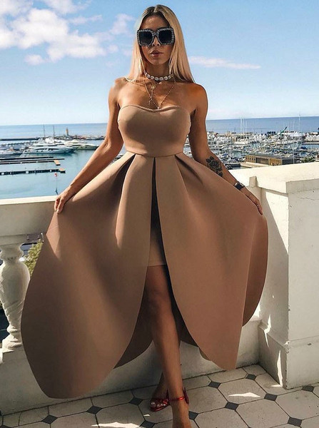 Pleated Brown Satin Strapless Ankle Length  Homecoming Dress