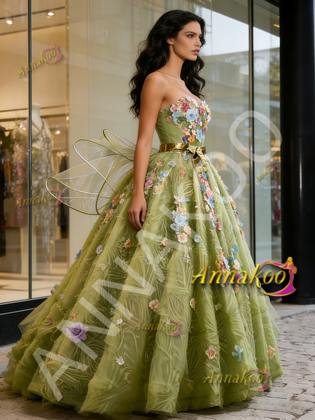 Shop 2026 ANNAKOO Green Flower Tulle A Line Sweetheart Pricess Prom Dress Under 299