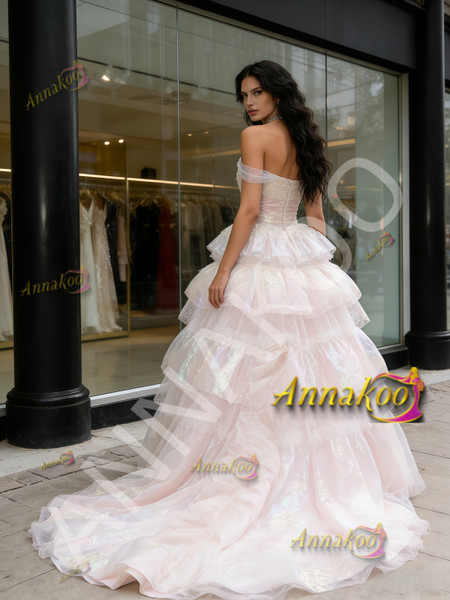 Shop 2026 ANNAKOO Pink Tulle Off The Shoulder Appliques Ruffles Prom Dress Under 399
