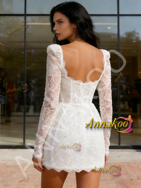 Shop 2026 ANNAKOO  Long Sleeve Short Mini Sparkle Lace Wedding Dress Under 159