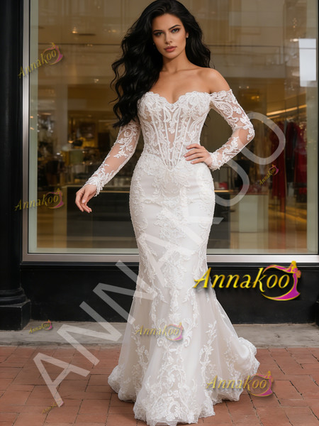 Shop 2026 ANNAKOO Lace Long Sleeve Off The Shoulder Mermaid Wedding Dress Under 289
