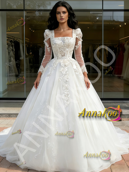 Shop 2026 ANNAKOO A Line Square Long Sleeve Appliques Wedding Dress Under 268