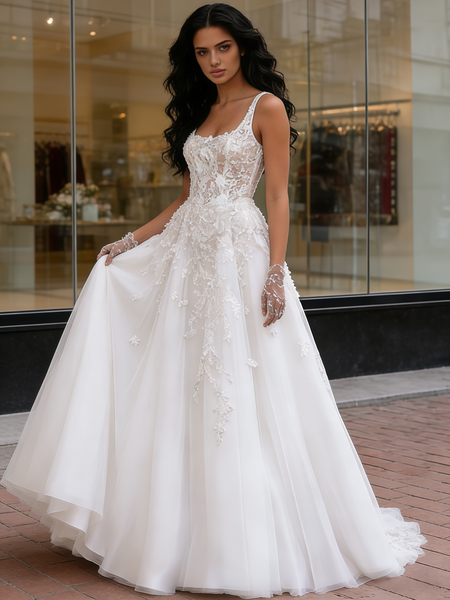 Shop 2026 ANNAKOO Straps Square Appliques A Line Tulle Wedding Dress Under 239