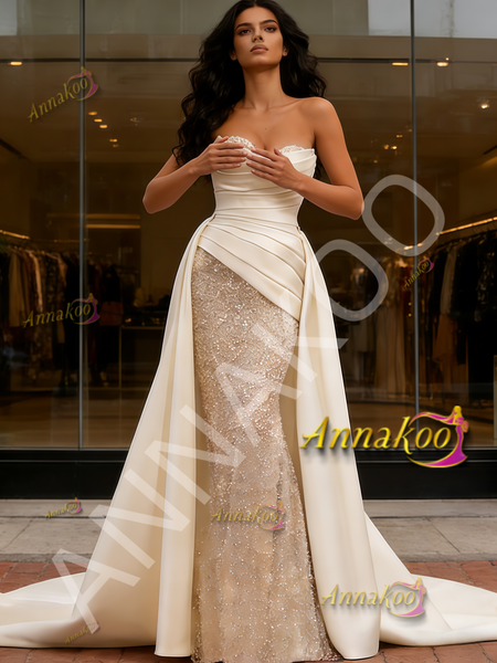 Shop 2026 ANNAKOO Ivory Satin Sweetheart Detachable Train Sequin Mermaid Wedding Dress Under 239