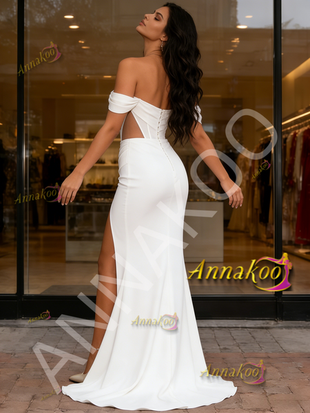 Shop 2026 ANNAKOO Off The Shoulder Sheer Trumpet Mermaid Satin Wedding Dress WIth Slit Under 199