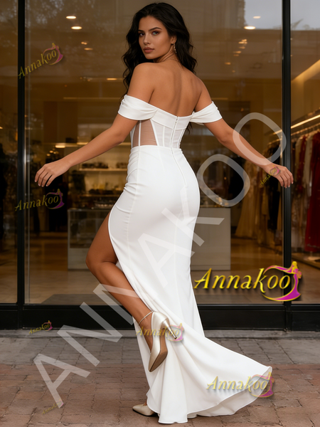 Shop 2026 ANNAKOO Off The Shoulder Sheer Trumpet Mermaid Satin Wedding Dress WIth Slit Under 199