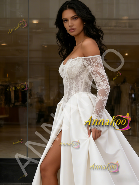 Shop 2026 ANNAKOO Off The Shoulder Long Sleeve Satin Lace Wedding Dress With Slit Under 199
