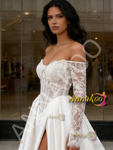 Shop 2026 ANNAKOO Off The Shoulder Long Sleeve Satin Lace Wedding Dress With Slit Under 199