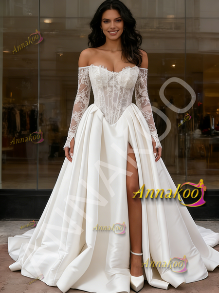 Shop 2026 ANNAKOO Off The Shoulder Long Sleeve Satin Lace Wedding Dress With Slit Under 199