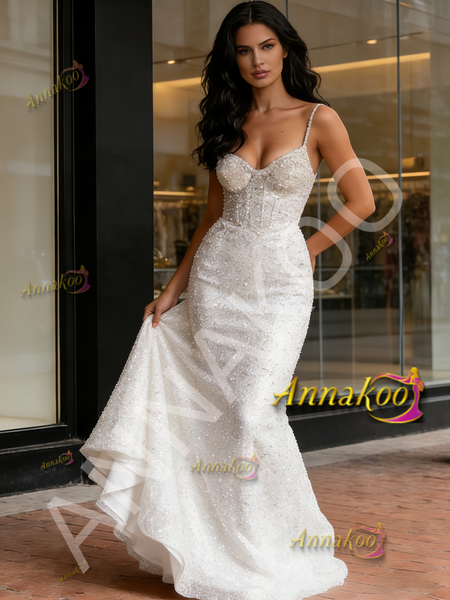 Shop 2026 ANNAKOO Sequin Trumpet Mermaid Spaghetti Straps Sparkle Wedding Dress Under 199