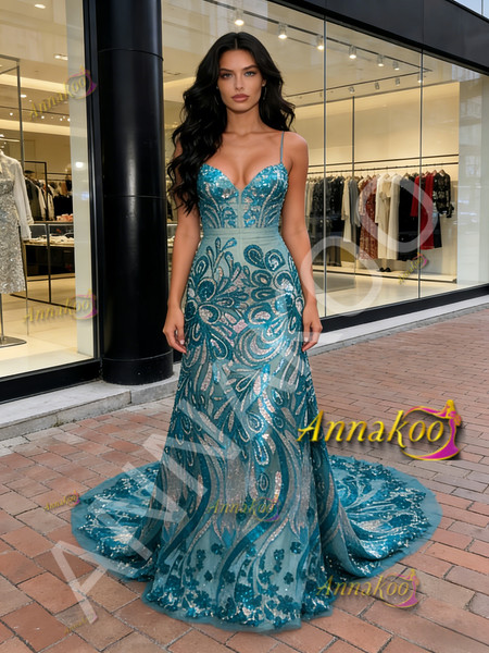 Shop 2026 ANNAKOO Green V Neck Trumpet Mermaid Sequin Floral Prom Dress Under 199