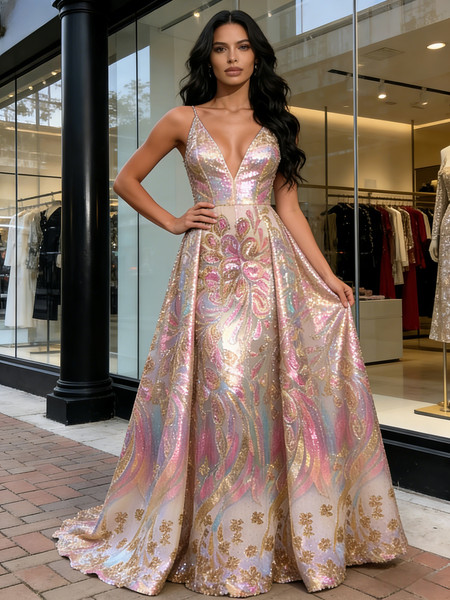 Shop 2026 ANNAKOO V Neck A Line Sequin Colorful Floral Prom Dress Under 199