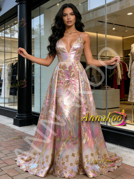 Shop 2026 ANNAKOO V Neck A Line Sequin Colorful Floral Prom Dress Under 199