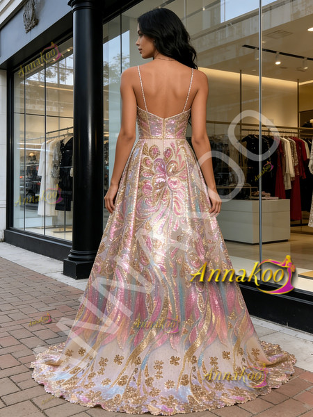 Shop 2026 ANNAKOO V Neck A Line Sequin Colorful Floral Prom Dress Under 199