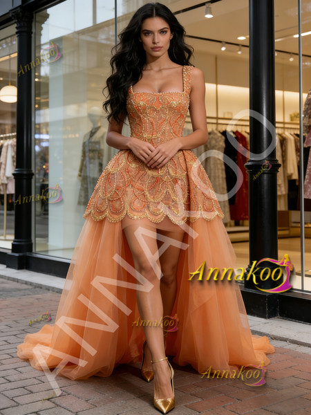 Shop 2026 ANNAKOO Orange Straps Square High Low Tulle Beading A Line Prom Dress Under 259