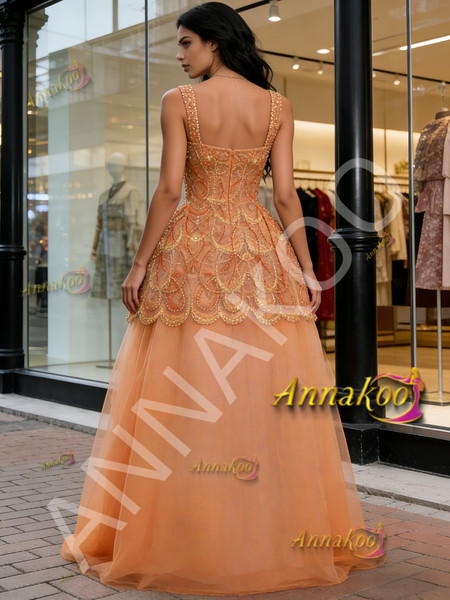 Orange Straps Square High Low Tulle Beading A Line Prom Dress