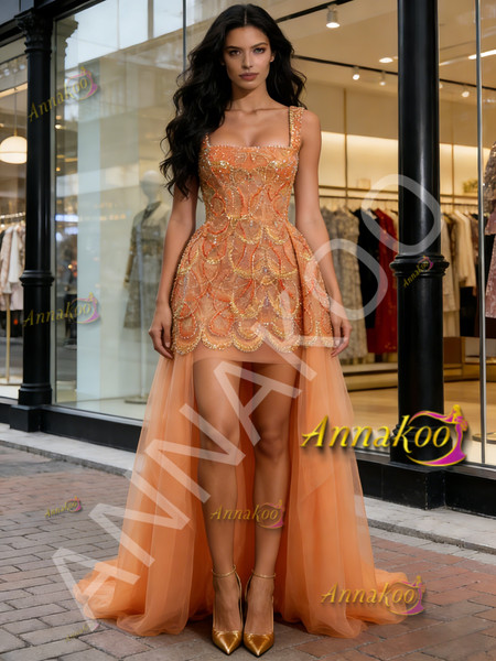 Shop 2026 ANNAKOO Orange Straps Square High Low Tulle Beading A Line Prom Dress Under 259