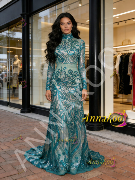Shop 2026 ANNAKOO Long Sleeve High Neck Sequin Floral Green Prom Dress Under 199