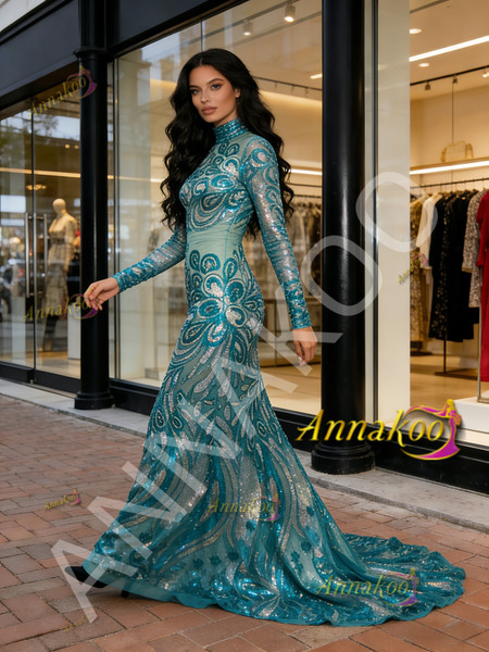 Shop 2026 ANNAKOO Long Sleeve High Neck Sequin Floral Green Prom Dress Under 199