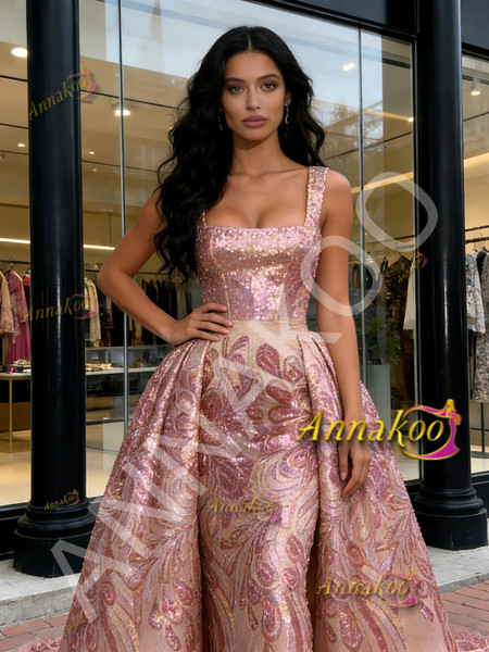 Shop 2026 ANNAKOO Pink Sequin Detachable Train Floral Sheath Column Prom Dress Under 289