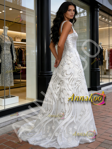 Square Sequin Silver Print Floral A Line Prom Dress