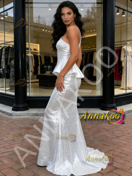 Shop 2025 ANNAKOO Silver Sequin One Shoulder Ruffles Trumpet Mermaid Prom Dress Under 169