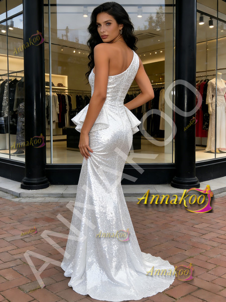 Shop 2025 ANNAKOO Silver Sequin One Shoulder Ruffles Trumpet Mermaid Prom Dress Under 169