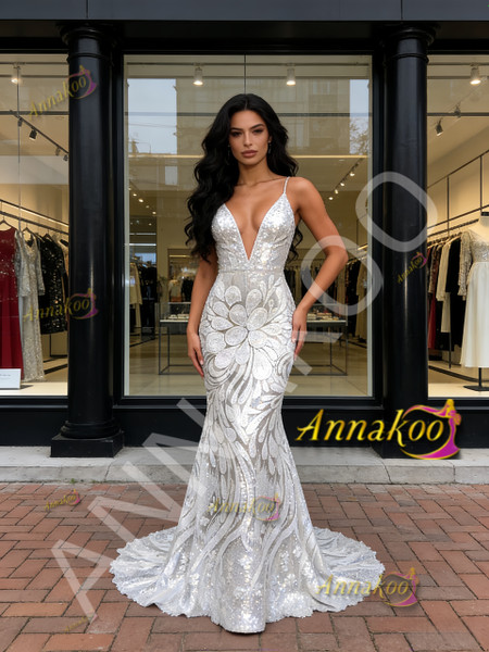 Shop 2026 ANNAKOO Spaghetti Straps V Neck Silver Floral Trumpet Mermaid Prom Dress Under 189
