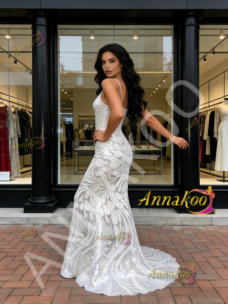 Shop 2026 ANNAKOO Spaghetti Straps V Neck Silver Floral Trumpet Mermaid Prom Dress Under 189