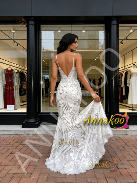Shop 2026 ANNAKOO Spaghetti Straps V Neck Silver Floral Trumpet Mermaid Prom Dress Under 189