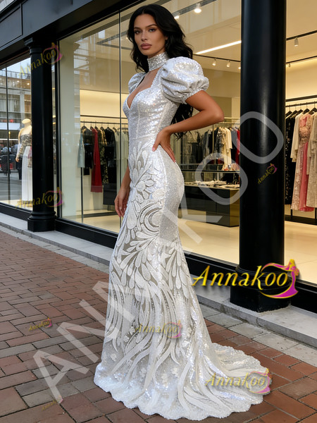 Shop 2026 ANNAKOO High Neck Trumpet Mermaid Silver Sequin Floral Prom Dress Under 239