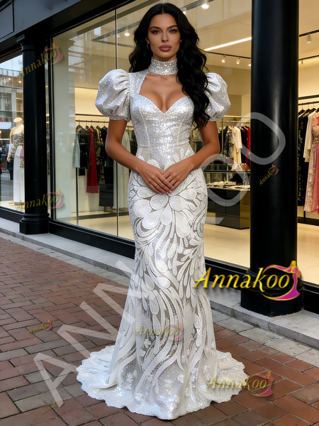 Shop 2026 ANNAKOO High Neck Trumpet Mermaid Silver Sequin Floral Prom Dress Under 239