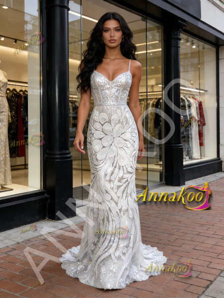 Shop 2026 ANNAKOO White V Neck Trumpet Mermaid Sequin Floral Prom Dress Under 198