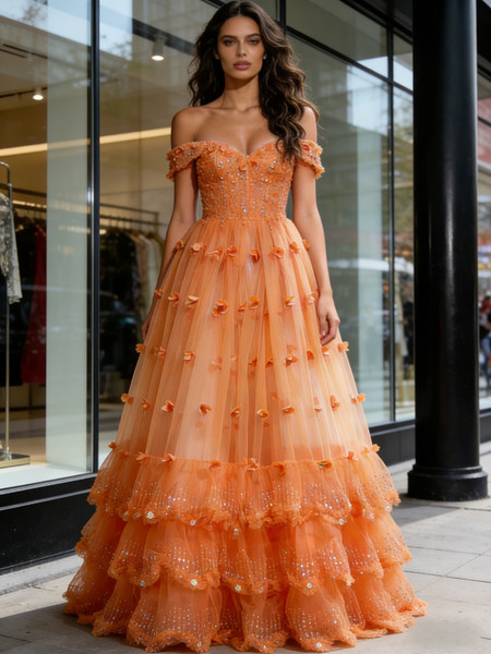 Shop 2026 ANNAKOO Orange Off The Shoulder Beading Ruffles A Line Tulle Prom Dress Under 278