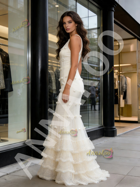 Shop 2026 ANNAKOO Beige Trumpet Mermaid Halter Tulle Flower Prom Dress Under 239