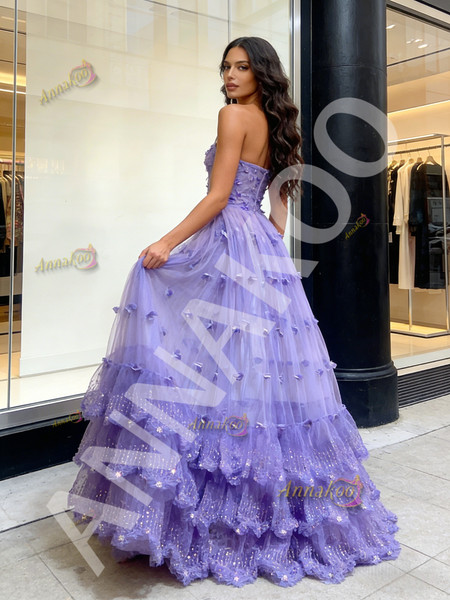 Shop 2026 ANNAKOO Sweetheart Flower Ruffles A Line Purple Tulle Sparkle Prom Dress Under 289