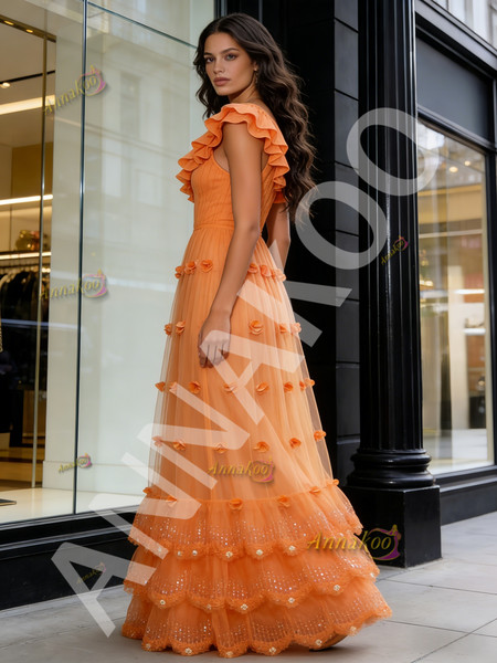 Shop 2026 ANNAKOO One Shoulder Ruffles Orange Tulle Sparkle Prom Dress Under 239