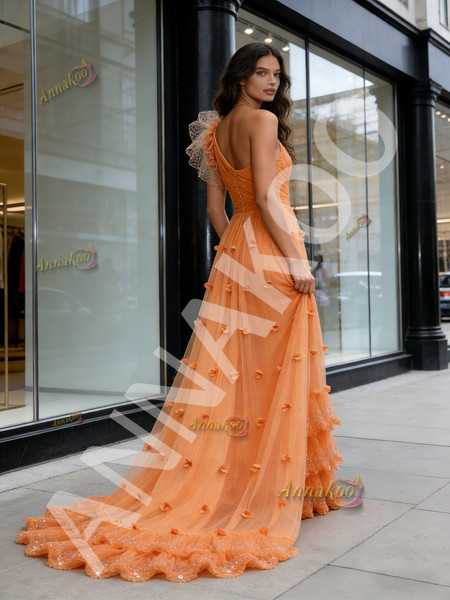 Shop 2026 ANNAKOO One Shoulder Flower A Line Tulle Sparkle Orange Prom Dress Under 289
