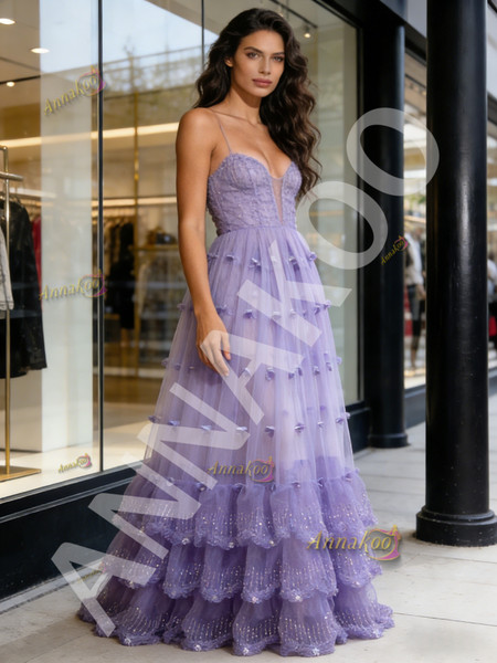 Shop 2026 ANNAKOO Purple Spaghetti Straps Tulle Sparkle A Line Prom Dress Under  289