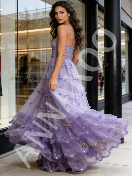 Shop 2026 ANNAKOO Purple Spaghetti Straps Tulle Sparkle A Line Prom Dress Under  289