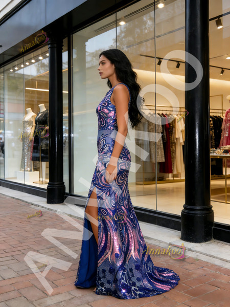 Shop 2026 ANNAKOO Jewel Sheath Column Sequin Purple Floral Prom Dress Under 199