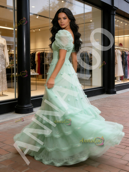 Shop 2026 ANNAKOO Green Puffy Sleeve A Line  Sparkle Ruffles Prom Dress Under 239