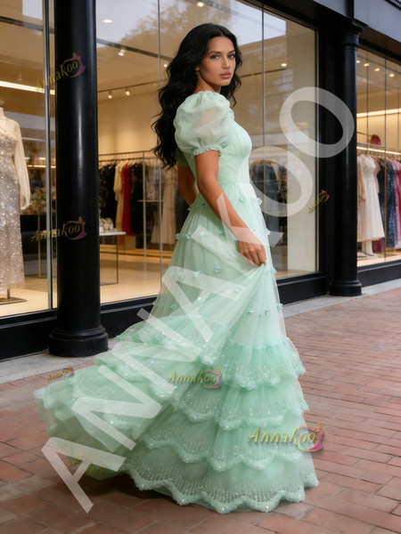 Shop 2026 ANNAKOO Green Puffy Sleeve A Line  Sparkle Ruffles Prom Dress Under 239