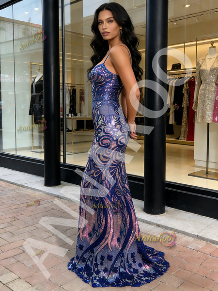 Shop 2026 ANNAKOO Spaghetti Straps Sequin Trumpet Mermaid Floral Purple Prom Dress Unde 198