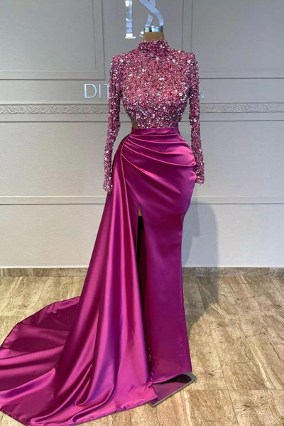 Fuchsia Sequin-Embellished High Neck Prom Dress