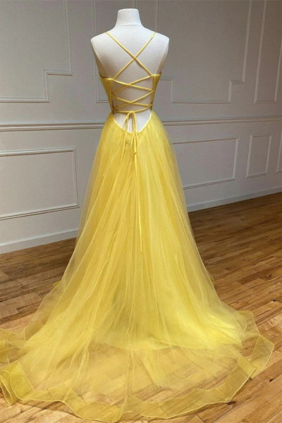 Shop 2026 ANNAKOO Spaghetti Strap Yellow Tulle A Line Tulle Prom Dress Under 149