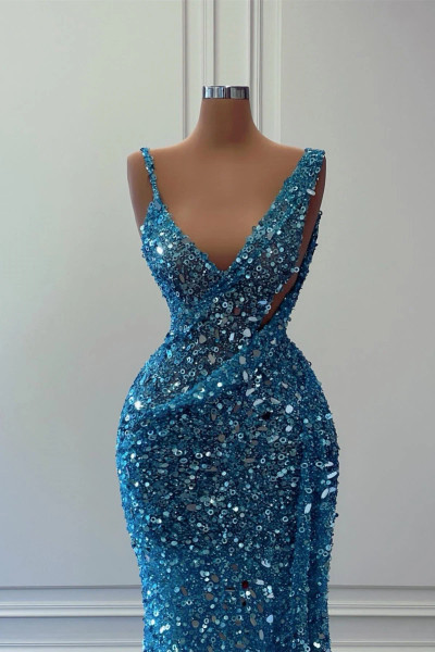 Shop 2026 ANNAKOO  Sparkling Open Back Blue Sequin Trumpet Mermaid Prom Dress Under 239